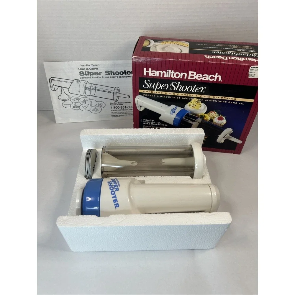 Hamilton Beach Super Shooter Cordless Cookie Press & Food Decorator 8 Disc Read‎